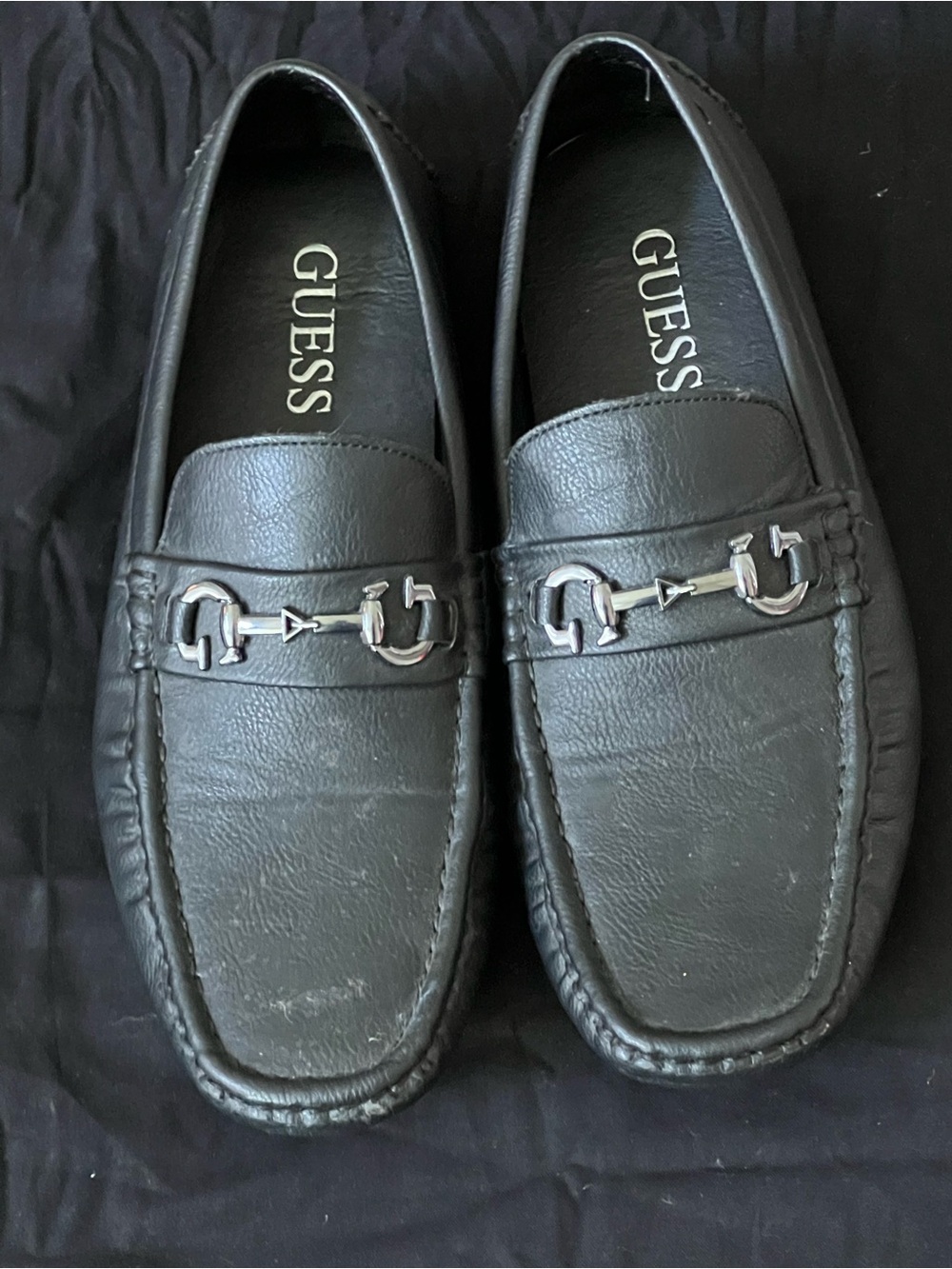 GUESS Black Leather Men's Slip-On Loafers with Silver Bit